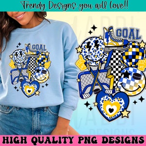 Retro Hockey png, Hockey Sublimationsdesign, blaues und gelbes Hockeyteam png, Hockey Vibes png, Hockey Mom png, trendiges Hockey Shirt Design