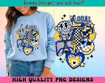 Retro Hockey png, Hockey Sublimationsdesign, blaues und gelbes Hockeyteam png, Hockey Vibes png, Hockey Mom png, trendiges Hockey Shirt Design