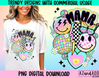 Retro mama blij gezicht png, mama sublimatie ontwerp, bloemen mama png, retro Moederdag png, Moederdag shirt png, digitale download