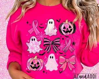 Immagine PNG per la sensibilizzazione sul cancro al seno, design per maglietta di Halloween, fantasma con nastro rosa PNG, maglietta Pinktober, sublimazione spettrale sul cancro al seno