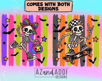 Pacchetto di immagini PNG di scheletri di Halloween, scheletro leopardo civettuolo con fiocco e scheletro skateboard, design retrò spettrali per magliette, download per sublimazione.