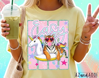 Easy Tiger PNG, Funny Tiger Unicorn Float Shirt Design, Coastal Aesthetic Summer Graphic, Summer Animal Sublimation PNG, Beach Vacation PNG