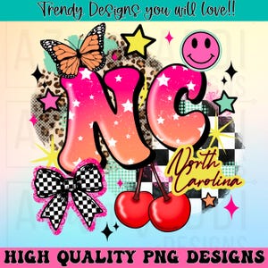 North Carolina Zustand png, Retro Zustand Abkürzung Sublimation, trendiges Girlie-Shirt Design, Einzelteilname