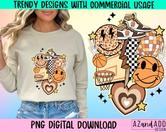 Retro basketball png, basketball sublimation design, retro basketball smile face png, basketball vibes png, basketball mom, digital design