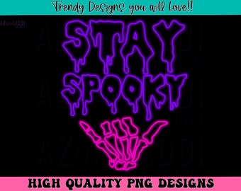 Neon Halloween png, stay spooky png, glowing skeleton png, neon designs for black shirts, spooky season png, trendy Halloween png