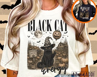 Immagine PNG di energia del gatto nero, design per maglietta di Halloween con gatto, gatto stregone PNG, maglietta spettrale di Halloween, sublimazione di campo di zucche