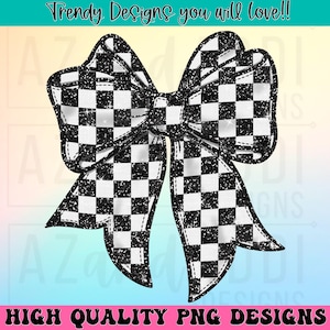 May include: A black and white chequered bow with a glittery finish. The bow is a digital graphic design element.