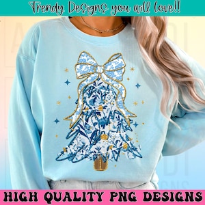 Blue floral coquette glitter Christmas tree png, floral toile pattern Christmas tree, blue grand millennial gold glitter brushstroke tree