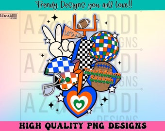 Retro football collage png, football sublimation design, orange blue green football png, custom football team colors, touchdown season png