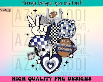 Retro football collage png, football sublimation design, navy blue and silver football png, custom football team colors, touchdown season