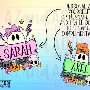 K&ouml;nnte beinhalten: Zwei Cartoon-Geister halten Schilder mit Namen, umgeben von Halloween-Grafiken. Ein Geist hat ein rosa Schild mit "SARAH", der andere ein gr&uuml;nes Schild mit "AXEL". Das Bild enth&auml;lt Text: "PERSONALISIEREN SIE SICH ODER SCHREIBEN SIE MIR UND ICH WERDE BIS ZU 5 NAMEN KOSTENLOS ERSTELLEN."
