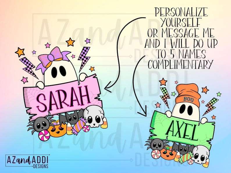 K&ouml;nnte beinhalten: Zwei Cartoon-Geister halten Schilder mit Namen, umgeben von Halloween-Grafiken. Ein Geist hat ein rosa Schild mit "SARAH", der andere ein gr&uuml;nes Schild mit "AXEL". Das Bild enth&auml;lt Text: "PERSONALISIEREN SIE SICH ODER SCHREIBEN SIE MIR UND ICH WERDE BIS ZU 5 NAMEN KOSTENLOS ERSTELLEN."