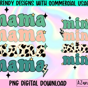 Western matching mama and mini png sublimation design download, retro mama mini png, western mama mini png, cow pattern png, mama bolt png