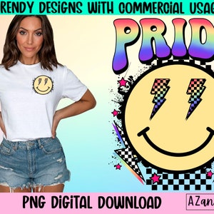 Retro pride smile face png, gay pride sublimation design, LGBTQ+ png, trendy lightning bolt smile, front and back design, digital download