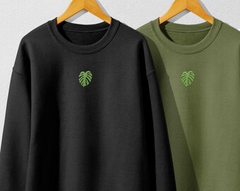 Camisola bordada de Monstera | Amante da planta suéter | Moletom Boho minimalista | Camisa do bordado da folha de Monstera de <br> Entrega Rápida? Camisa dos pais da planta