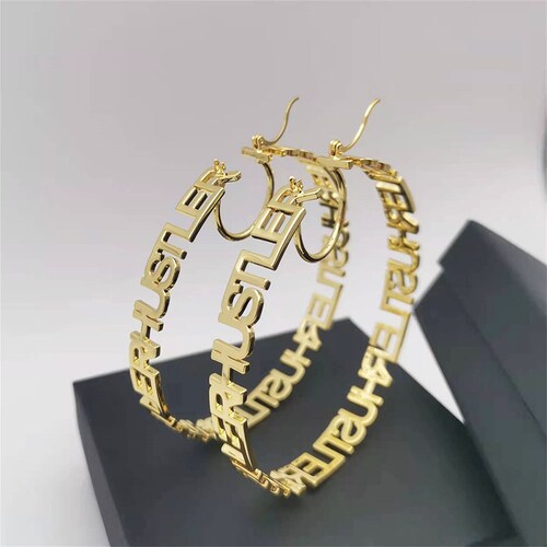 18k Gold Bamboo Custom Name Hoop Earrings Big Statement Etsy