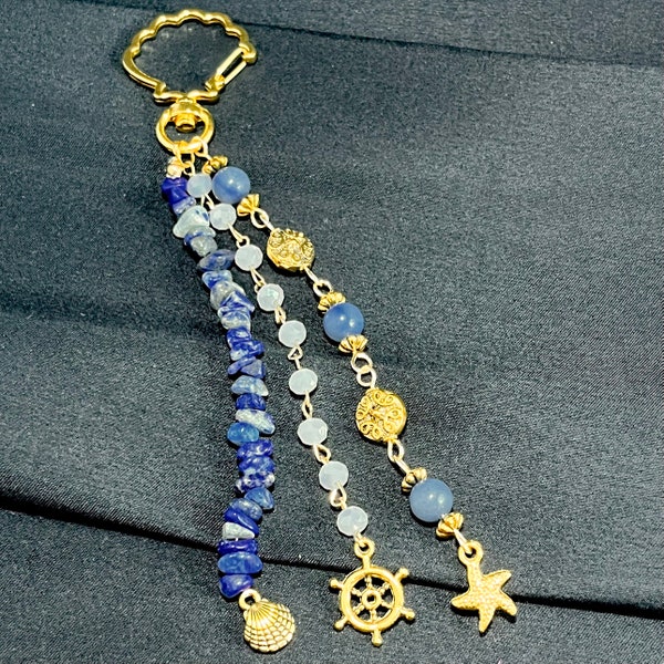 Lapis Lazuli Beaded Ocean Gold Seashell Keychain