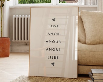 Love Amor Amour Amore Liebe Poster, Minimalist Wall Art, Romantic sign, couple gift, Romance Inspirational Quotes, Home decor, Heart, boho