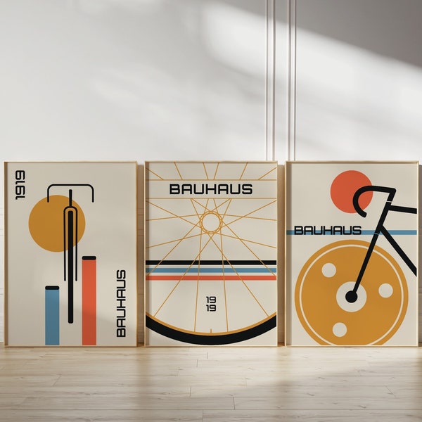 Bauhaus-Fahrraddrucke, Set mit 3 Bauhaus-Fahrradpostern, Mid-Century Modern, Fahrrad-Wandkunst, minimalistischer Retro-Kunstdruck, Geschenk für Fahrradliebhaber