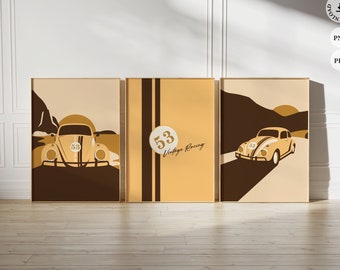 Classic Cars Prints, Set of 3 Car Posters, Gift for Car Lovers, Vintage Racing Beetle, Vintage Automobile Prints, Minimalist Retro Wall art