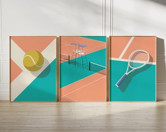 Bauhaus Tennis Poster, 3er-Set Bauhaus Tennis Poster, Mitte des Jahrhunderts modern, Tennis Wandkunst, minimalistischer Retro Kunstdruck, Geschenk für Tennisliebhaber