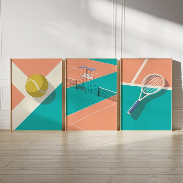 Impressions de tennis Bauhaus, lot de 3 affiches de tennis Bauhaus, style Mid-Century moderne, art mural tennis, impression d'art rétro minimaliste, cadeau pour les amateurs de tennis