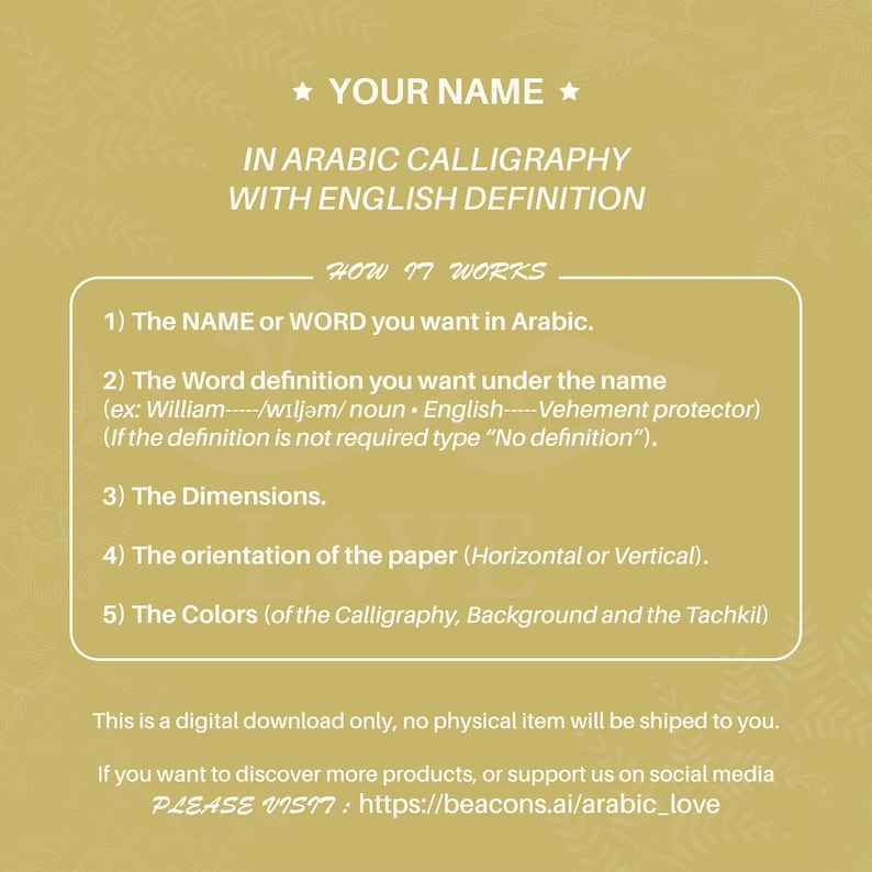 Arabic Calligraphy Custom Name English Definition Printable Wall Art