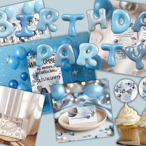 Könnte beinhalten: Ein Geburtstagsparty-Thema mit blauen Luftballons, Cupcake-Toppern und dem Wort "BIRTHDAY" in großen, aufblasbaren Buchstaben. Das Thema umfasst Weltraum-Dekorationen und Einladungen, mit Cupcakes.