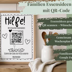 Familien Essensideen Poster mit QR‑Code, Wochenplan Essen sammeln, Meal Planner Feedback, Familienküche Organisation, Google Forms Vorlage