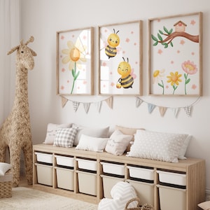 Conjunto de carteles abejas | Abeja con flores, flores de abeja, abeja flor prado blanco | Póster infantil Póster Habitación infantil Póster Animales Primavera