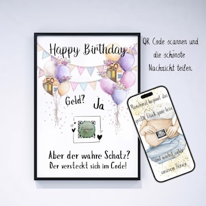 Könnte beinhalten: Gerahmter Druck mit den Worten "Happy Birthday" und "Geld? Ja" in schwarzer Schrift. Der Druck zeigt bunte Luftballons, ein Banner und einen QR-Code. Ein Smartphone zeigt ein Ultraschallbild und Text.