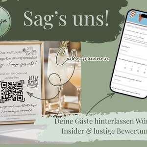 Könnte beinhalten: Ein gerahmtes Schild mit dem Text Das inoffizielle Geburtstags-Ermittlungsprotokoll, einem QR-Code und Party-Illustrationen. Daneben zeigt ein Smartphone ein digitales Formular mit der Überschrift Geburtstags-Ermittlungsprotokoll. Der Text Sag's uns und Code scannen ist ebenfalls zu sehen.