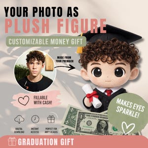 Könnte beinhalten: Eine Plüschfigur mit Abschlusskappe und -robe, die ein Diplom mit rotem Band hält. Das Bild enthält den Text "YOUR PHOTO AS PLUSH FIGURE" und "GRADUATION GIFT". Es ist ein anpassbares Geldgeschenk.
