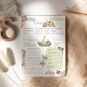 Gra w zgadywanie dla dzieci | Karty z poradami dla niemowląt na baby shower | Gra dla kobiet w ciąży | Gry dla dzieci po niemiecku | Zestaw 4 gier na baby shower do pobrania