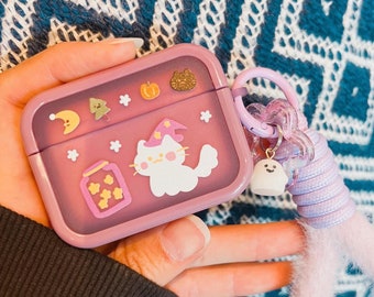 Starry Forest Cute Cat wizard Case for AirPods 1/2/3rd/4th/pro/pro2 Generation, kawaii purple spooky box cases with keychain and lanyard