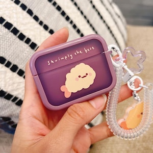 Starry Forest Cute Fried Prawn Case for AirPods 1/2/3rd/4th/pro/pro2 Generation, kawaii purple food cases with keychain charm