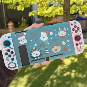 Julskal med stjärnklar skog till Nintendo Switch, sött mintgrönt OLED-skal till Switch, kawaii-hundskal till Switch Lite, present till gamer
