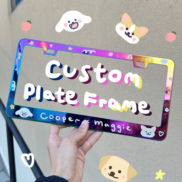 Custom License Plate Frame with pet portrait, Personalized Laser Rainbow Shimmer Cute license plate cover, Stainless Steel Fits All Cars