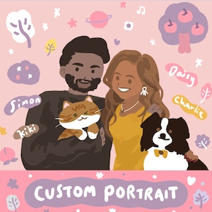 Digital cute custom portrait with pets! Illustrated Wedding Portrait, Cartoon Style Couple, Personalized Gift, Customized gift