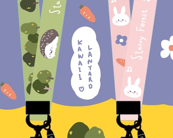 Starry Forest original design cute lanyard, lovely hedgehog rabbit lanyard strap for id card badge holder, pink green art lanyard teachers