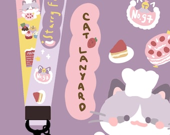 Cordón original con diseño de gato de panadería, bonito cordón morado para llavero móvil, tarjetero de identificación para niña, profesora o insignia.