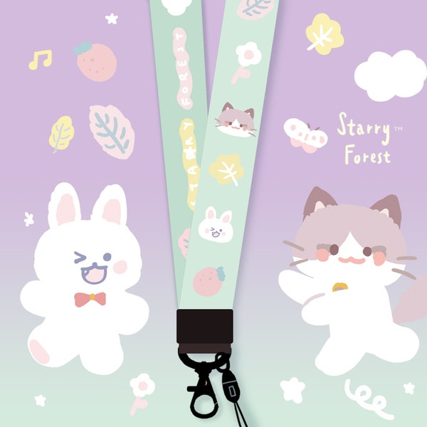 Starry Forest cute Lanyard, Mint Bunny Cat lovely lanyard strap for id card badge holder, green art animal pattern lanyard teachers