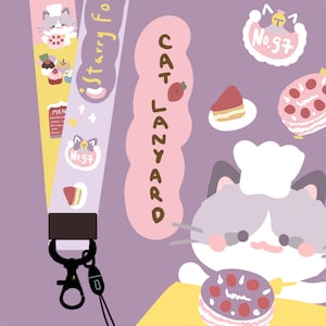 Lanière mignonne de boulangerie de conception de chat, lanière de lanière d'art belle pourpre pour le porte-clés mobile de carte d'identité pour la fille, l'enseignant, le badge