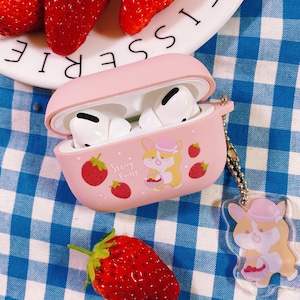Strawberry Corgi Case for Airpods pro, cute bird case for Airpods 1 / 2, Aesthetic Dog Airpods TPU soft EarPods Holder Case with keychain