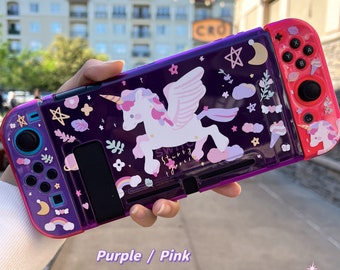 Starry Forest Unicorn Nintendo Switch 2 case, cute kawaii pink purple clear Switch Oled joycon shell cover skins accessories soft TPU PC