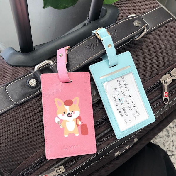 Original designed cute dog luggage tag, Baggage Label, Suitcase Strap, PU leather tags, waterproof protection for travel belt pin attachment