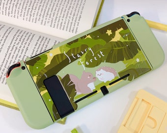 Starry Forest Cute hedgehog and squirrel Nintendo Switch case, kawaii wood animals green switch shell cover skins accessories soft TPU