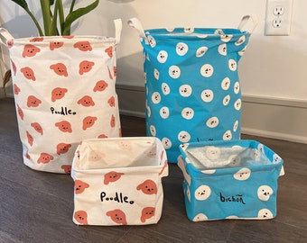 Panier à linge mignon, boîte à jouets pour chiens, panier pour animaux de compagnie, panier en toile de rangement, sac à linge pliable, rangement de maquillage blanc bleu, trucs de bichon caniche