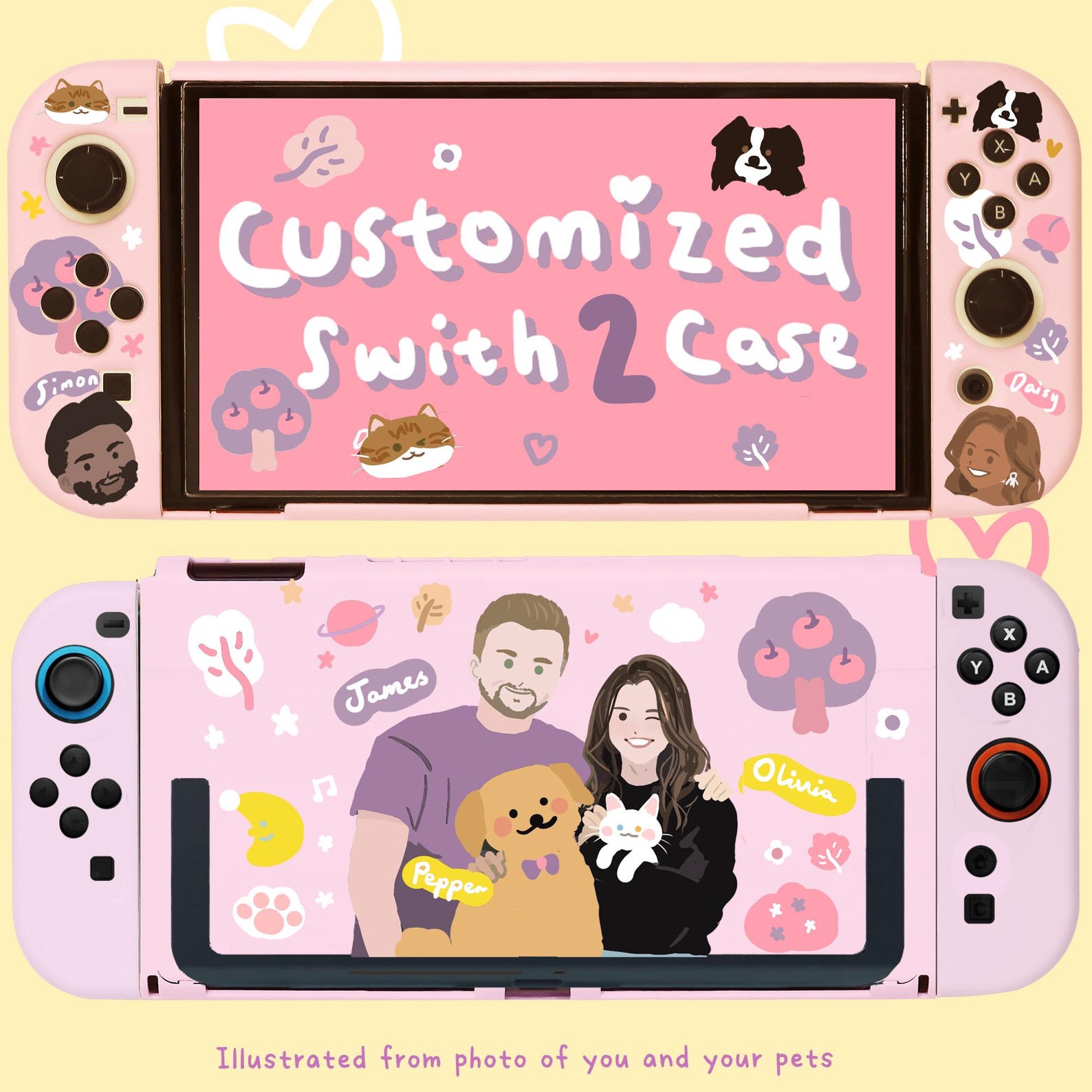 Custom Case of You and Your pets for Nintendo Switch 2/Oled/lite, Personalized switch accessories, Original design kawaii cute cover shell - 2 Person + 1 Pet, Case for Switch 2