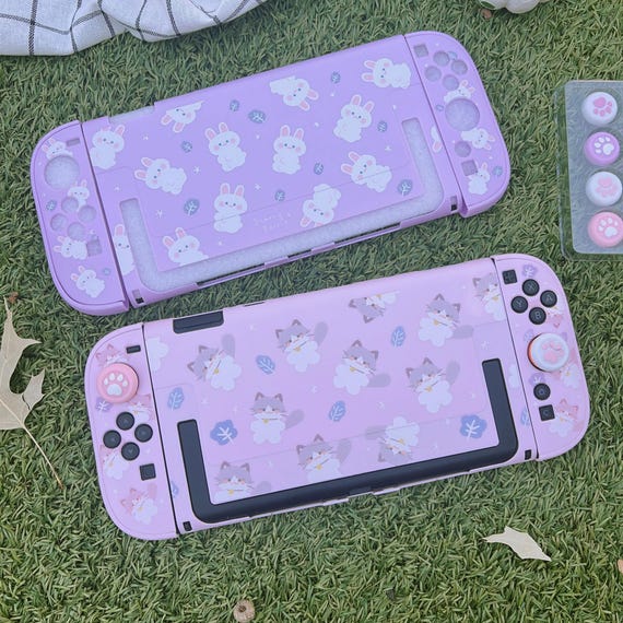 Nintendo Switch 2用 星空の森の猫うさぎプリントケース、かわいい紫色